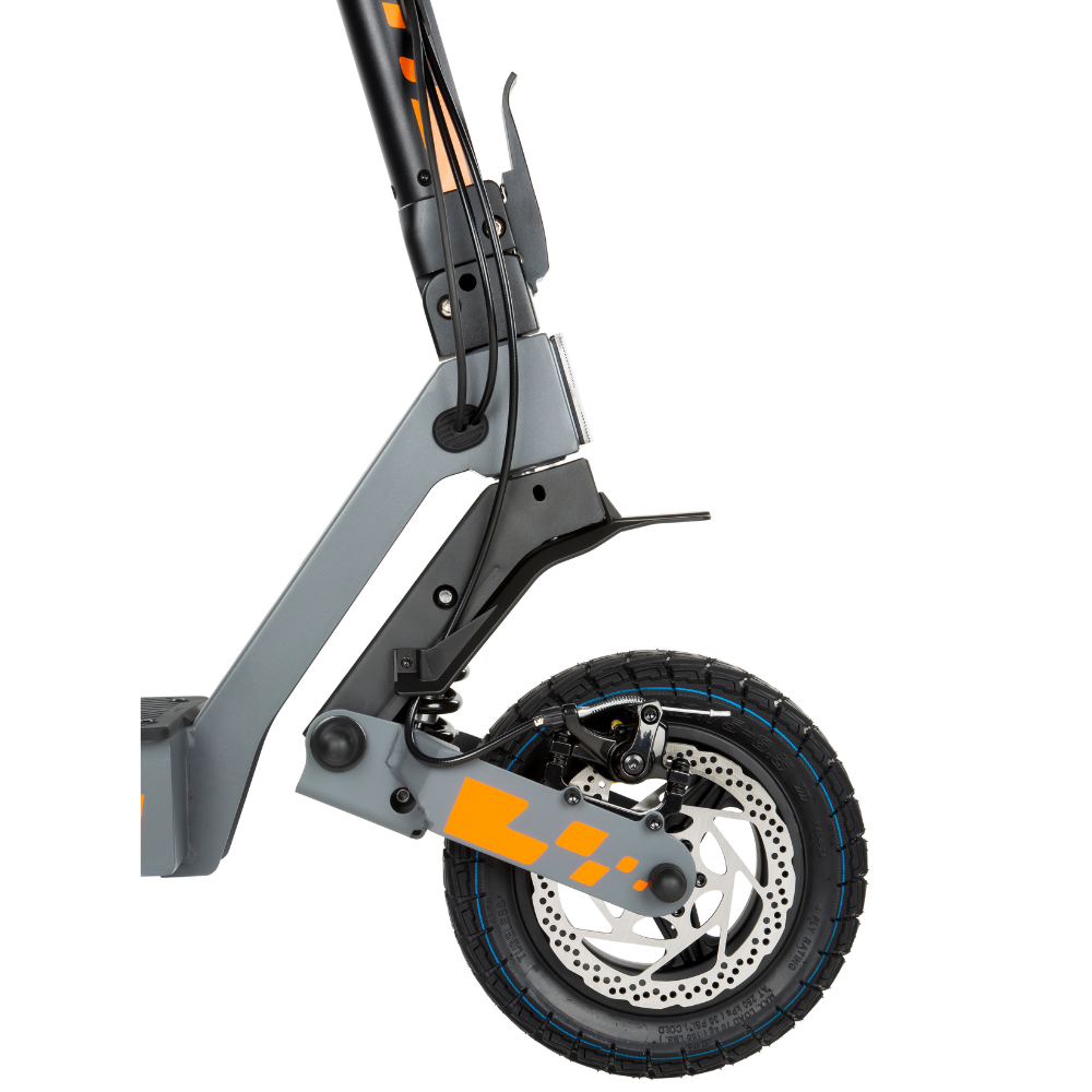 Close-up of KuKirin G2 10-inch tubeless tire and disc brake.