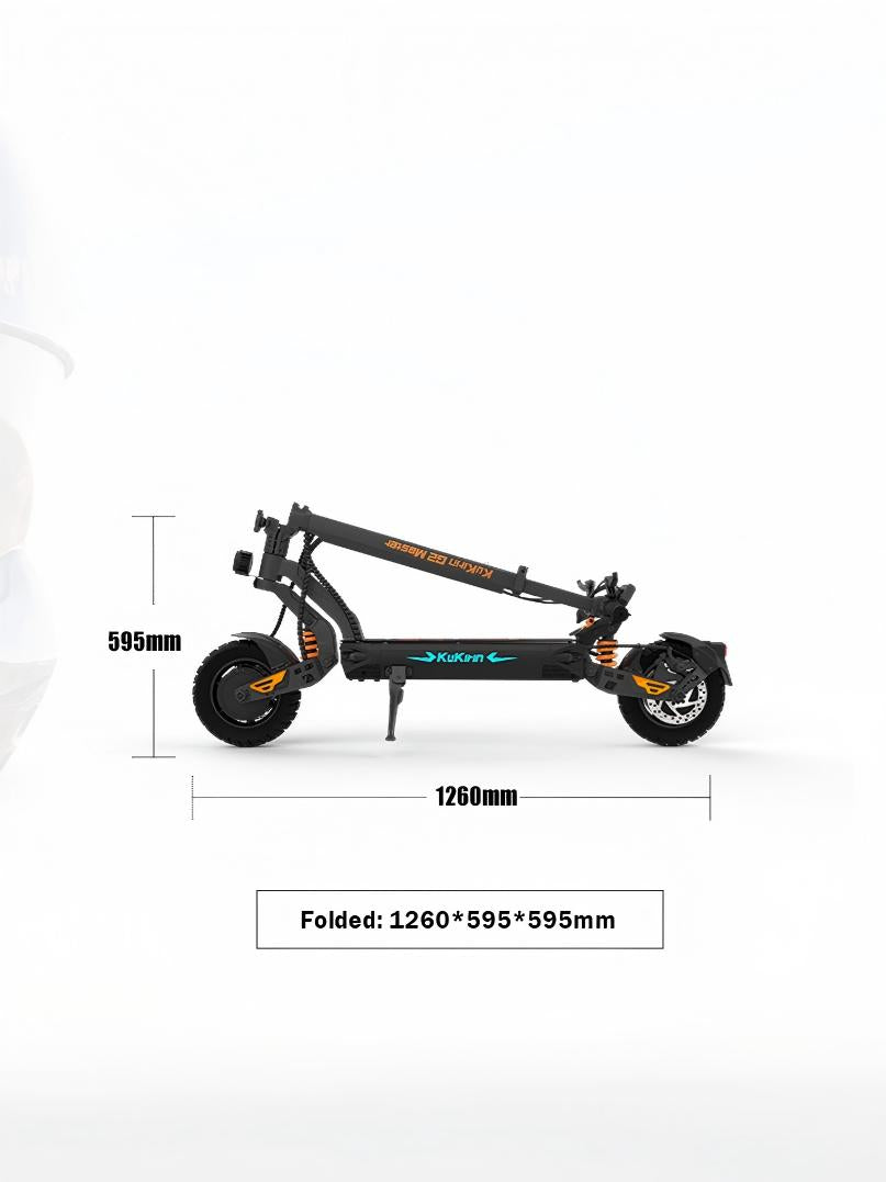 Folded size layout and storage dimensions of KuKirin G2 Master electric scooter.