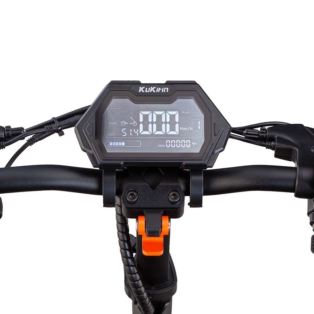 Smart central digital LED display screen on KuKirin G2 Master handlebars.