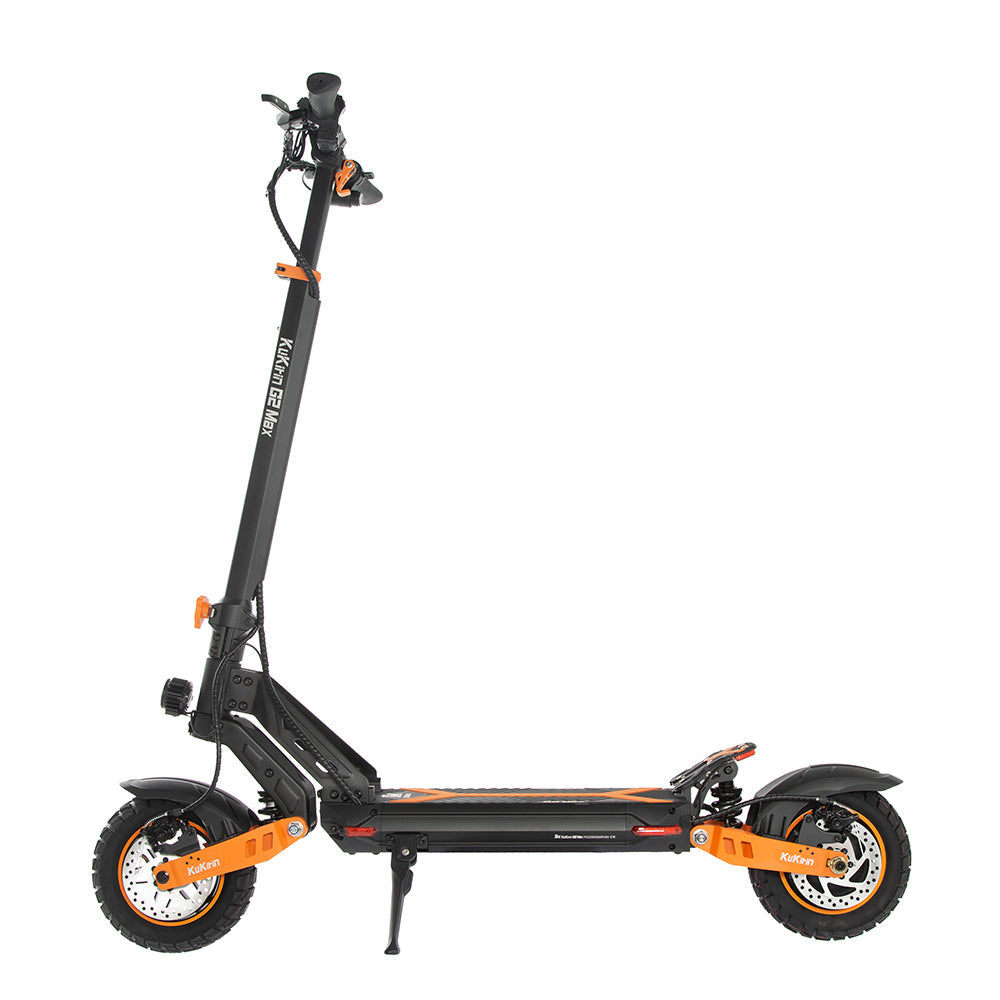 Side profile of KuKirin G2 Max electric scooter with orange swingarms