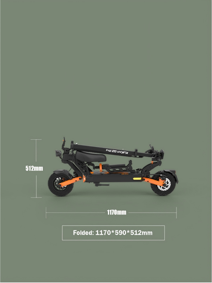 Folded dimensions and storage layout of KuKirin G2 Pro scooter.