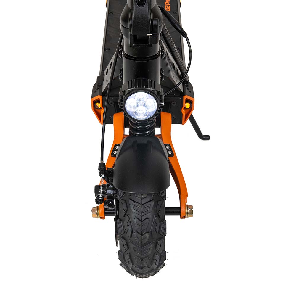 High-visibility front spot safety lights and rugged tire profile of KuKirin G2 Pro.