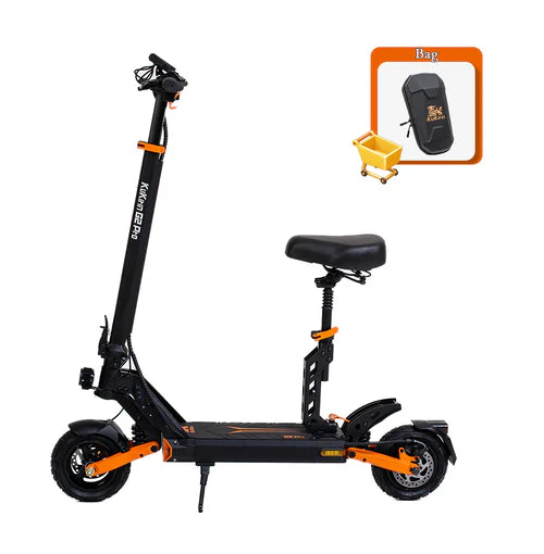 KuKirin G2 Pro with seat, configured with a front-hanging waterproof EVA storage bag.