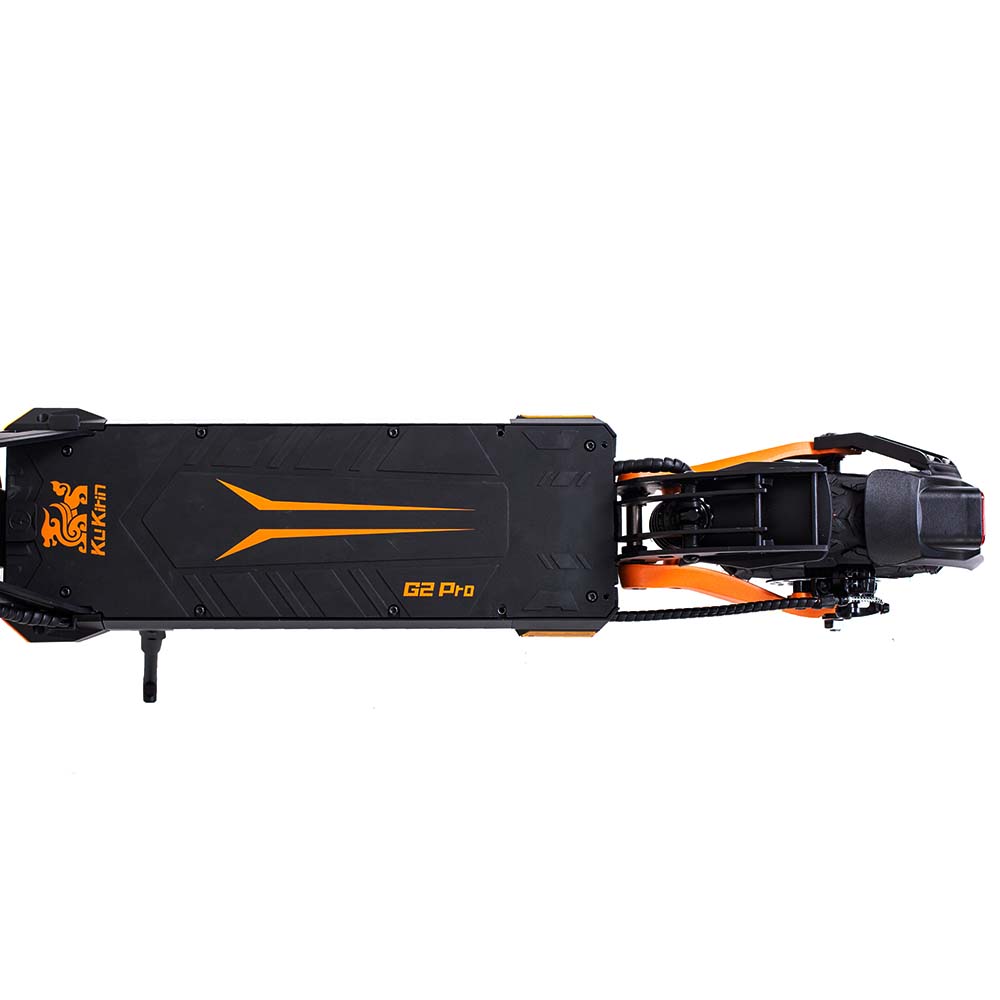 Compact space-saving profile of the folded KuKirin G2 Pro all-terrain scooter deck.