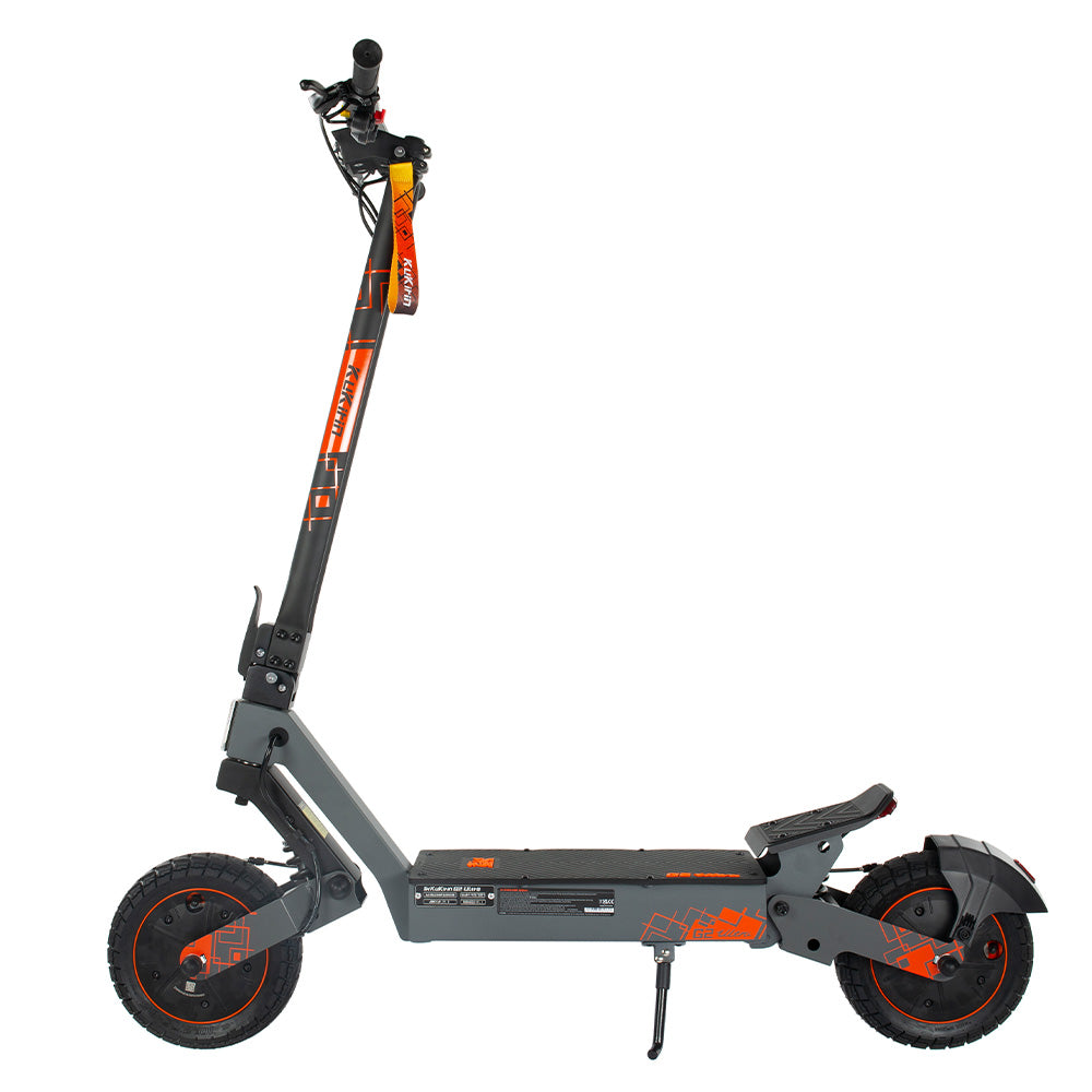 Profil latéral du scooter électrique KuKirin G2 Ultra avec des accents graphiques orange distinctifs