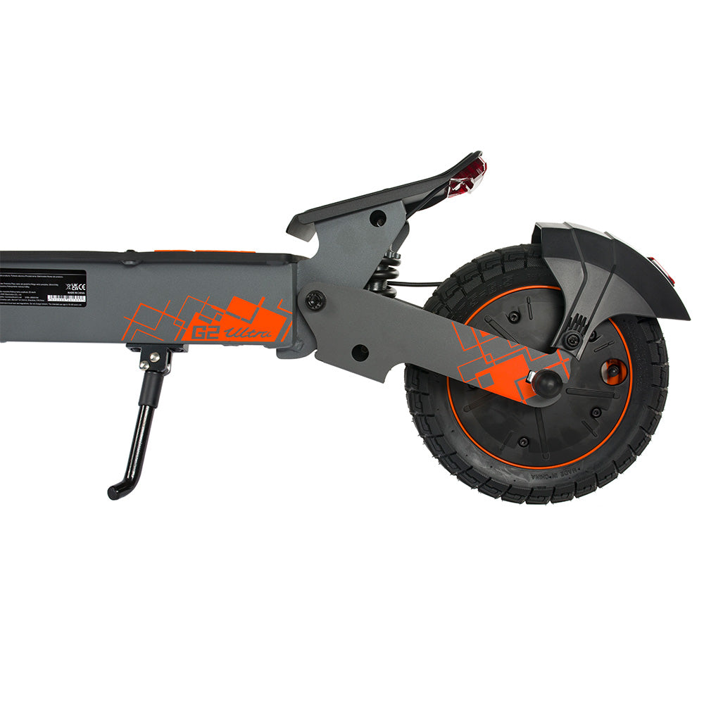 Béquille de stationnement robuste en aluminium pour KuKirin G2 Ultra, déployée sur le côté du plateau.