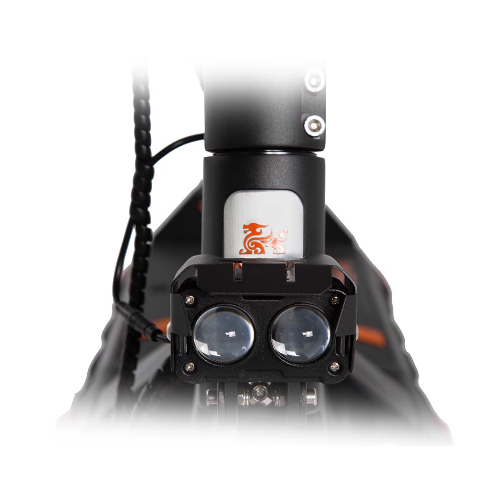 Ultra-bright dual pod LED front headlights assembly on the KuKirin G3 Pro framework.