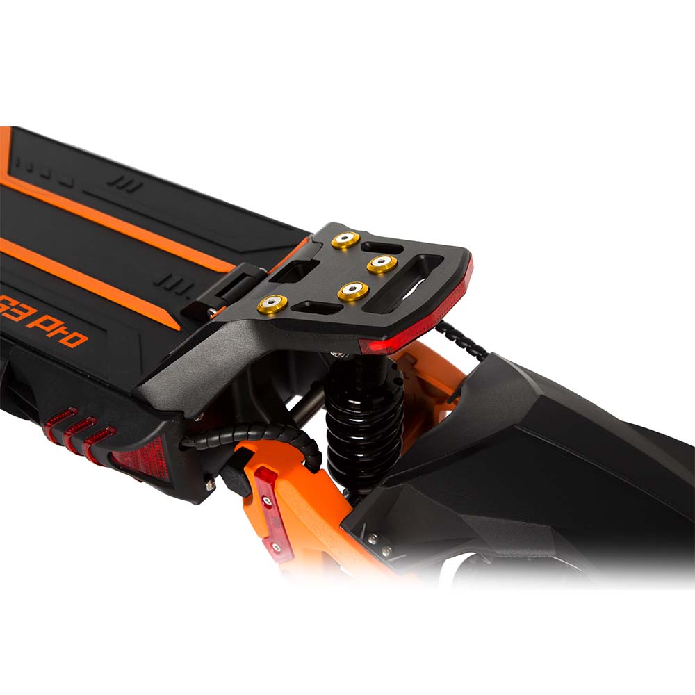 Heavy-duty rear spring shock absorber and bright orange metal swingarm on KuKirin G3 Pro.