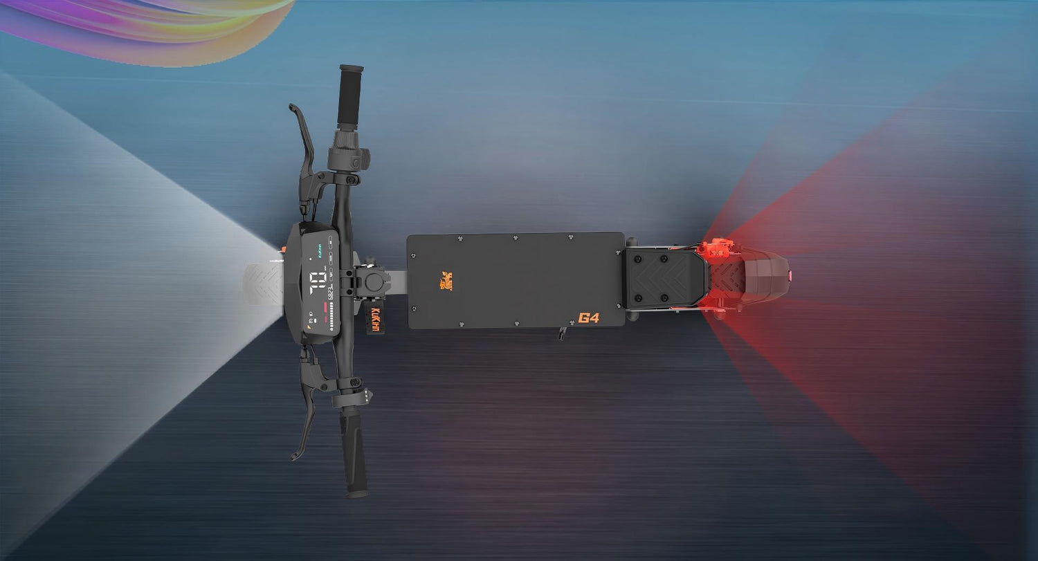 Top view of the KuKirin G4 highlighting its comprehensive 7-light safety system, including headlight and turn signals