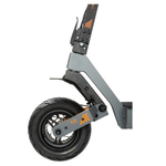 Detail of the KuKirin G4 front wheel, tire, and suspension system