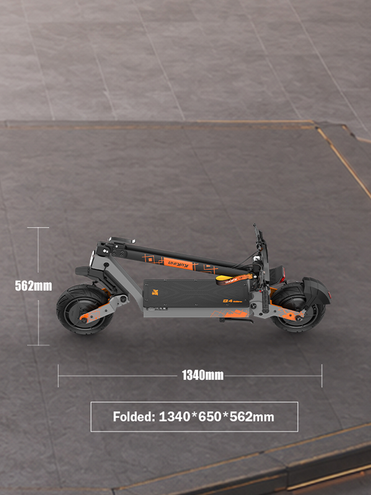 Vista lateral del KuKirin G4 Ultra plegado, con unas dimensiones de 1340mm x 650mm x 562mm para su almacenamiento.