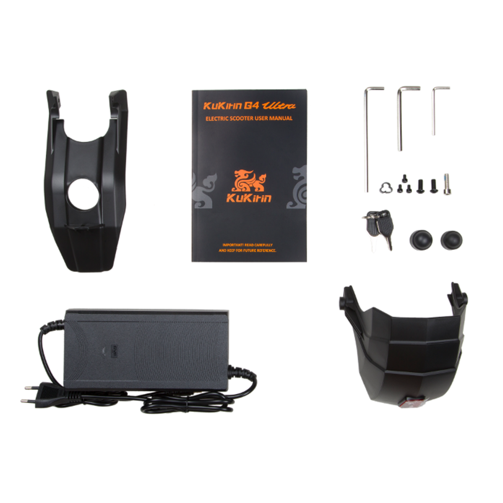 Contenido del paquete que incluye cargador KuKirin G4 Ultra para la UE, guardabarros, manual de usuario y kit de herramientas de montaje