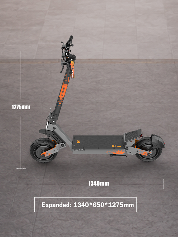 Perfil lateral que muestra las dimensiones del KuKirin G4 Ultra desplegado: 1340mm de largo por 1275mm de alto